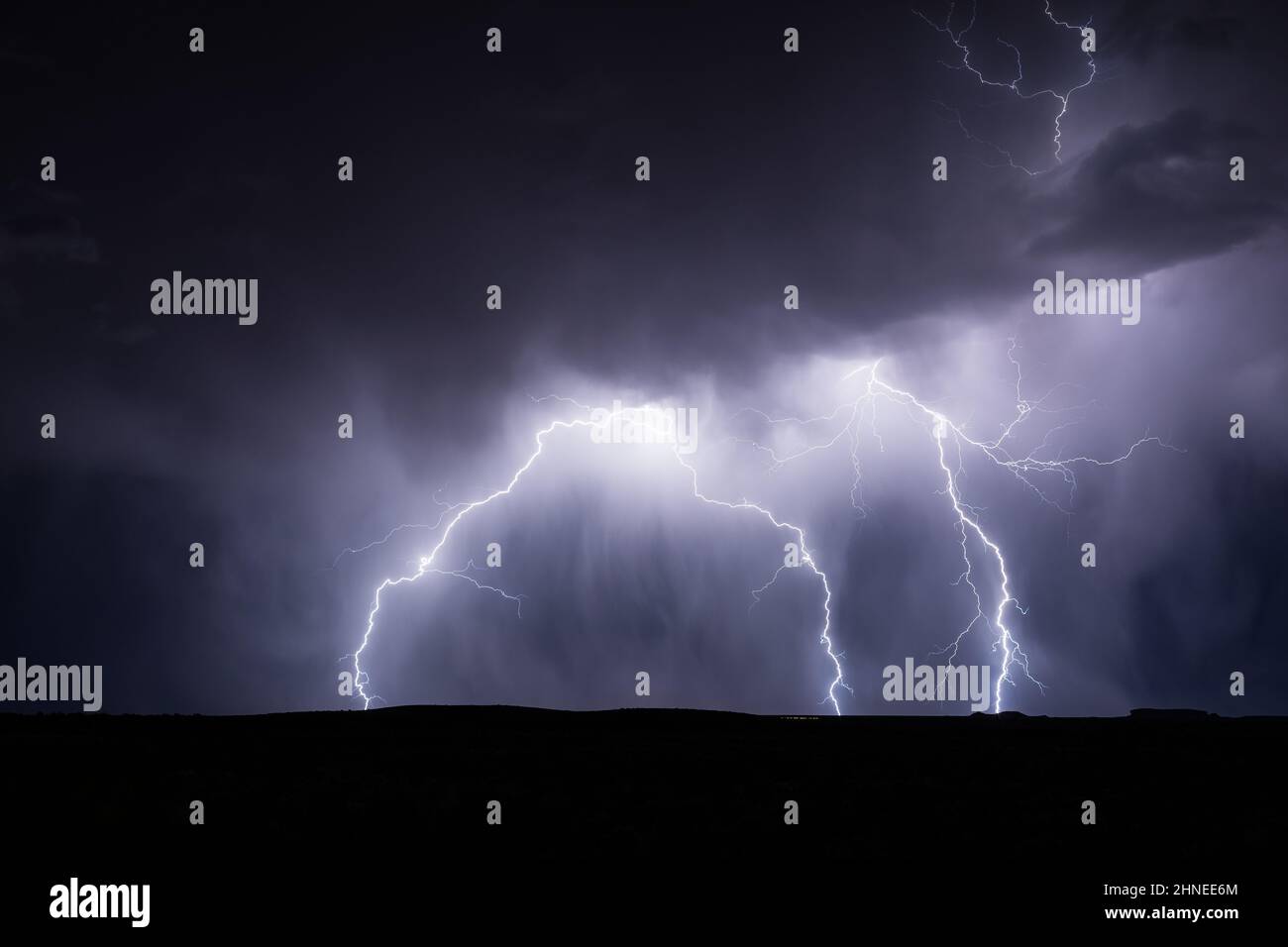 Dramatische Gewitterblitze beleuchten Regen, der in der Nähe von Holbrook, Arizona, fällt Stockfoto