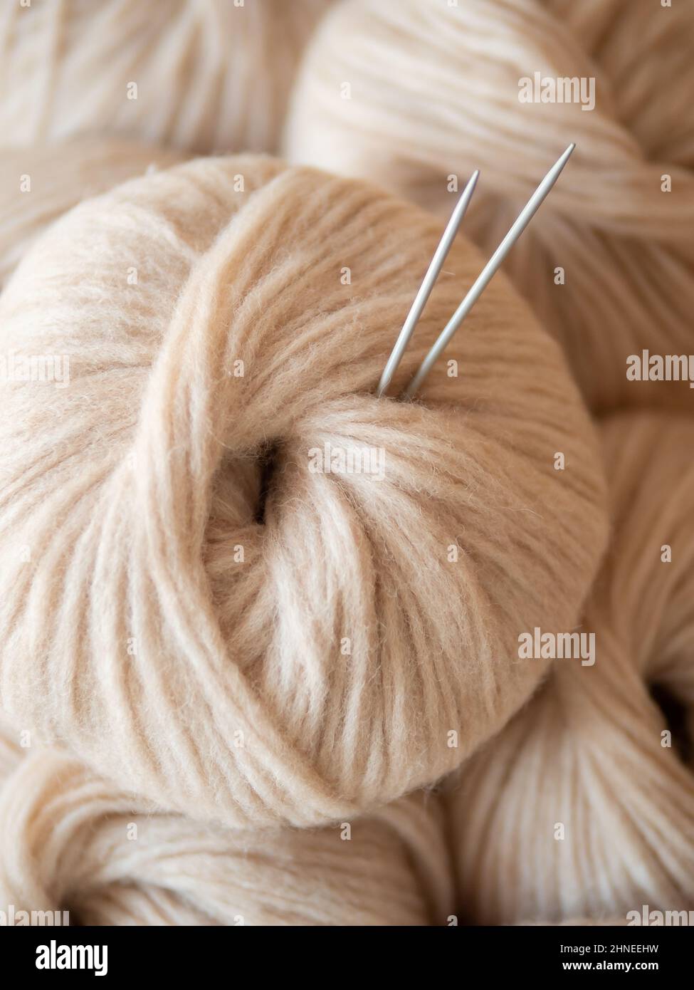 Ästhetisches Bild von beigefarbenem hellem, luftigem Garn-Skein. Nahaufnahme von mitteldickem Blasgarn aus Baby-Alpaka und Merinowolle. Stricknadeln, die im Garnknäuel stecken. Speicherplatz kopieren Stockfoto