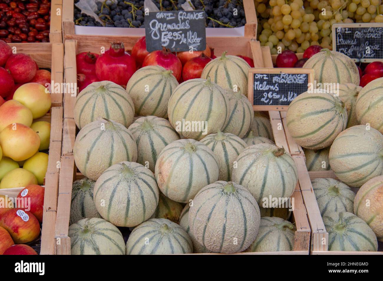 Melone Stall in einem Markt Stockfoto