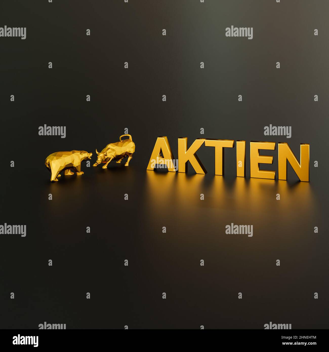 Das deutsche Wort Aktien (Aktien) Konzept. Ein Stier und Bär neben dem goldenen Text Aktien. Stockfoto