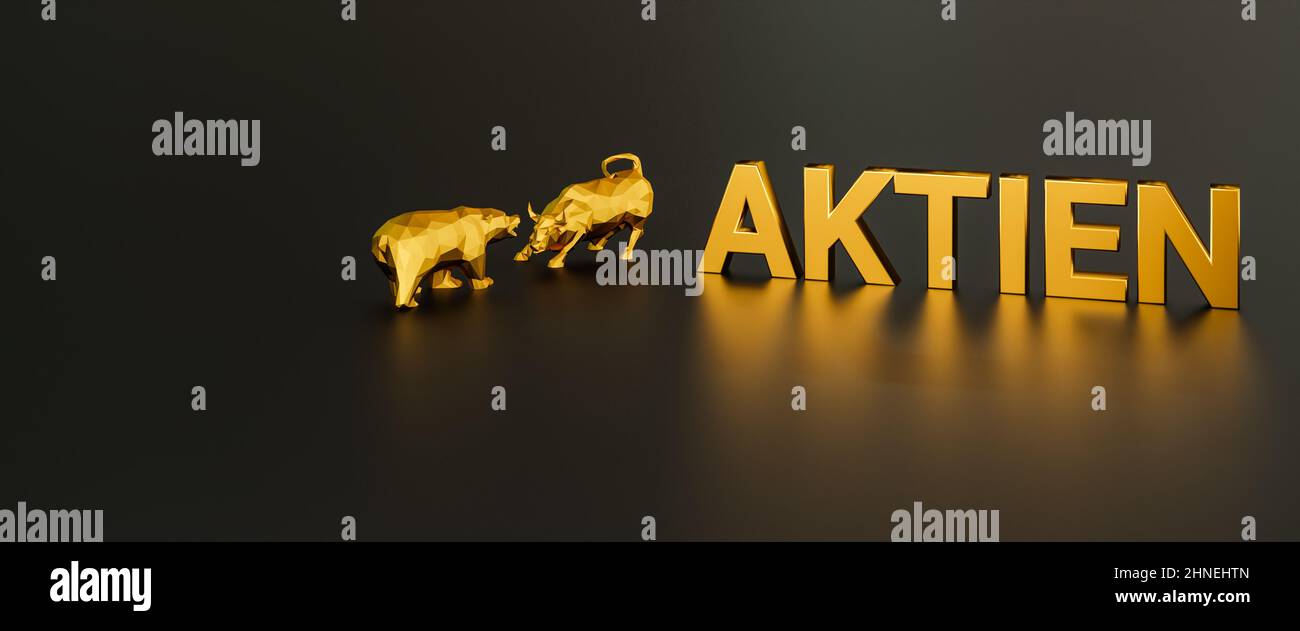 Das deutsche Wort Aktien (Aktien) Konzept. Ein Stier und Bär neben dem goldenen Text Aktien. Webbanner-Format Stockfoto