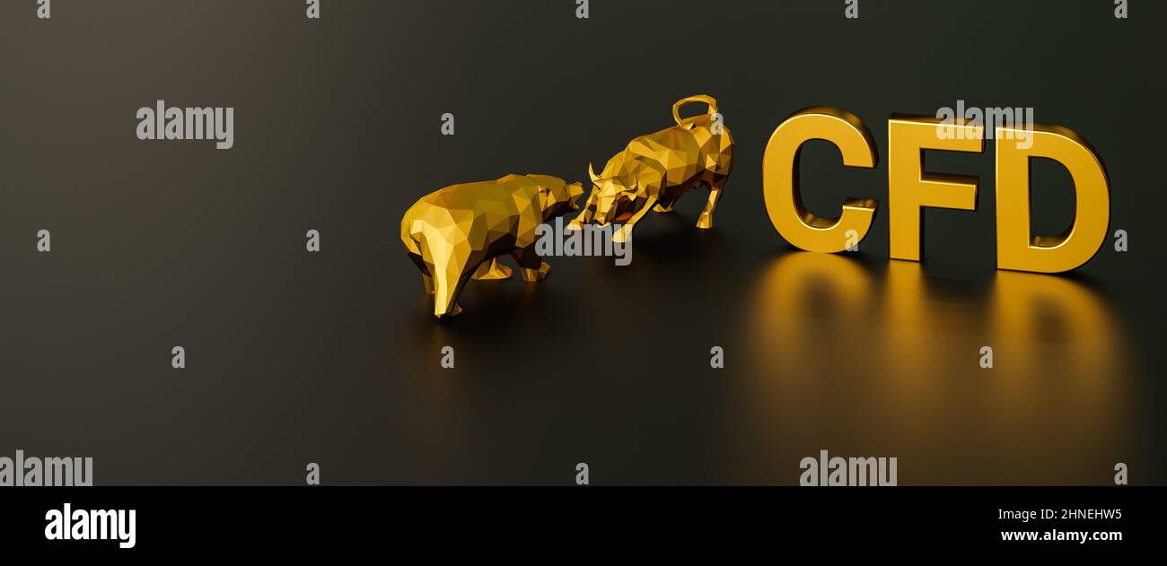 Contracts for Difference CFD Concept. Ein Bulle und Bär neben dem goldenen Text CFD. Webbanner-Format Stockfoto