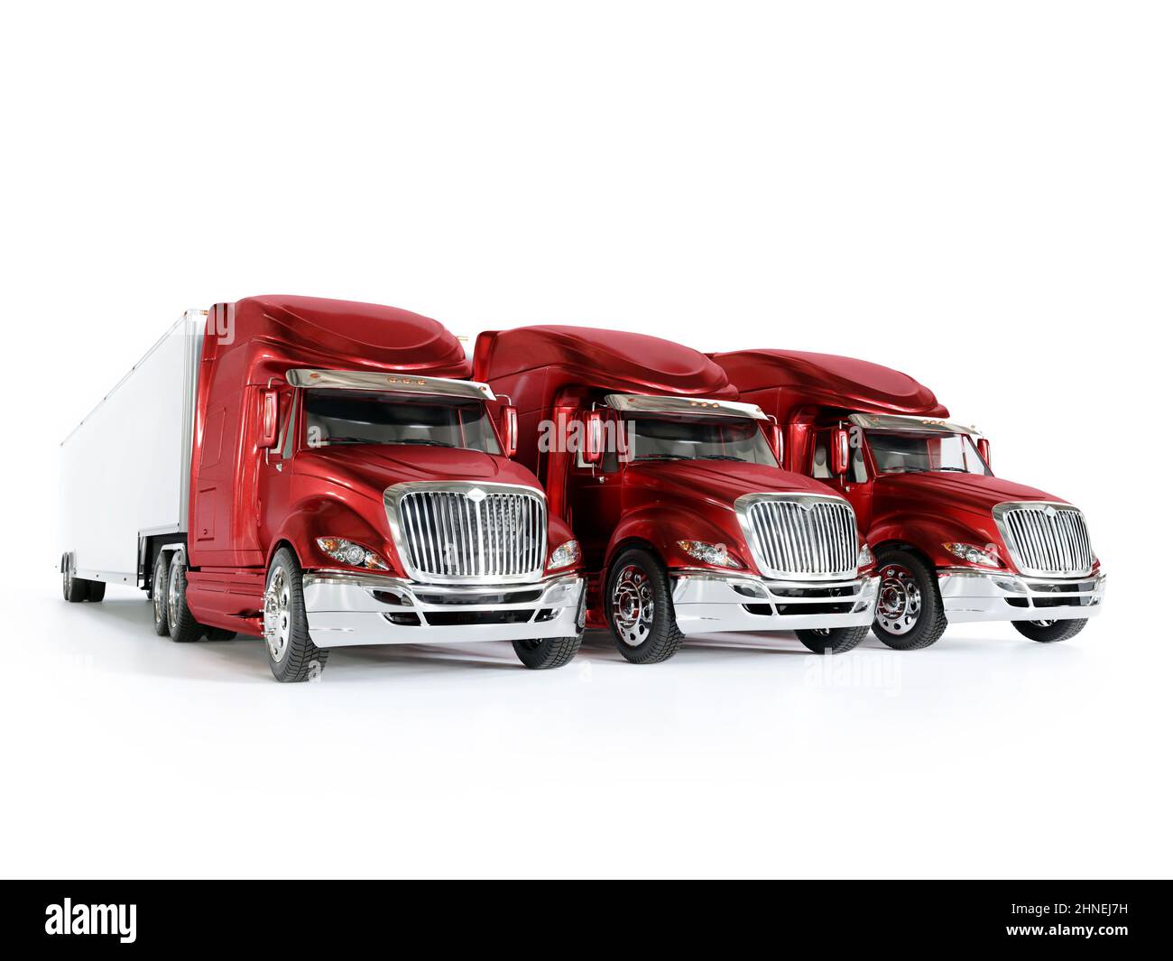3D Rendering von drei Langnasen-Großtrucks, die nebeneinander auf weißem Hintergrund geparkt sind Stockfoto