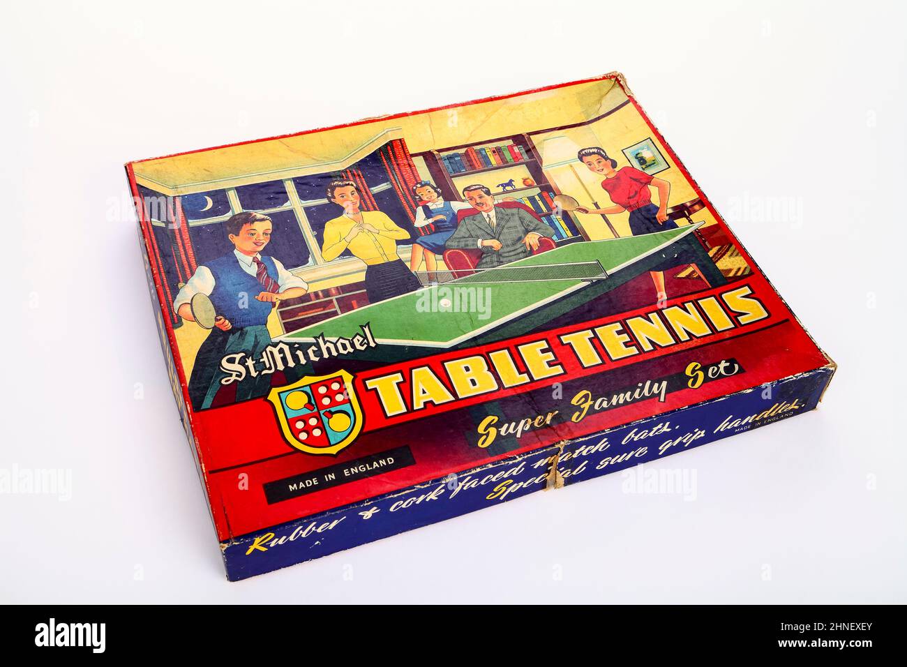 Vintage-Box mit St. Michael Tischbadminton Spiel Stockfoto