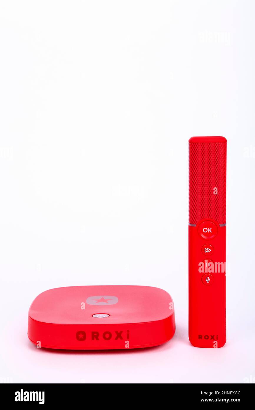 Roxi-TV-basiertes Musik-Streaming und Karyoke-Media-Player mit Kopierbereich, nur für redaktionelle Verwendung Stockfoto