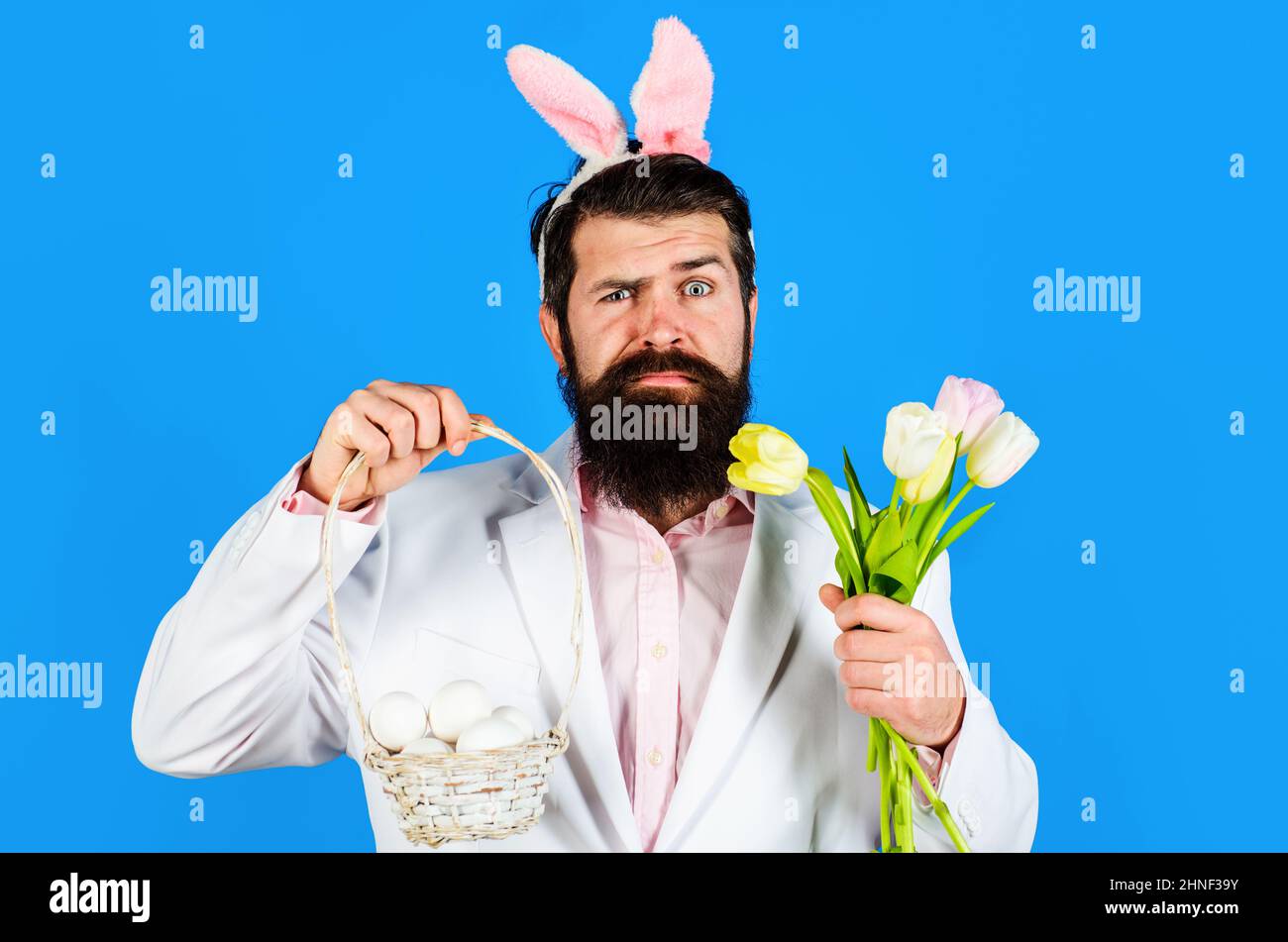 Frohe Ostern. Kaninchenmann in Hasenohren mit Tulpen und Korbeiern. Frühlingsferien. Stockfoto