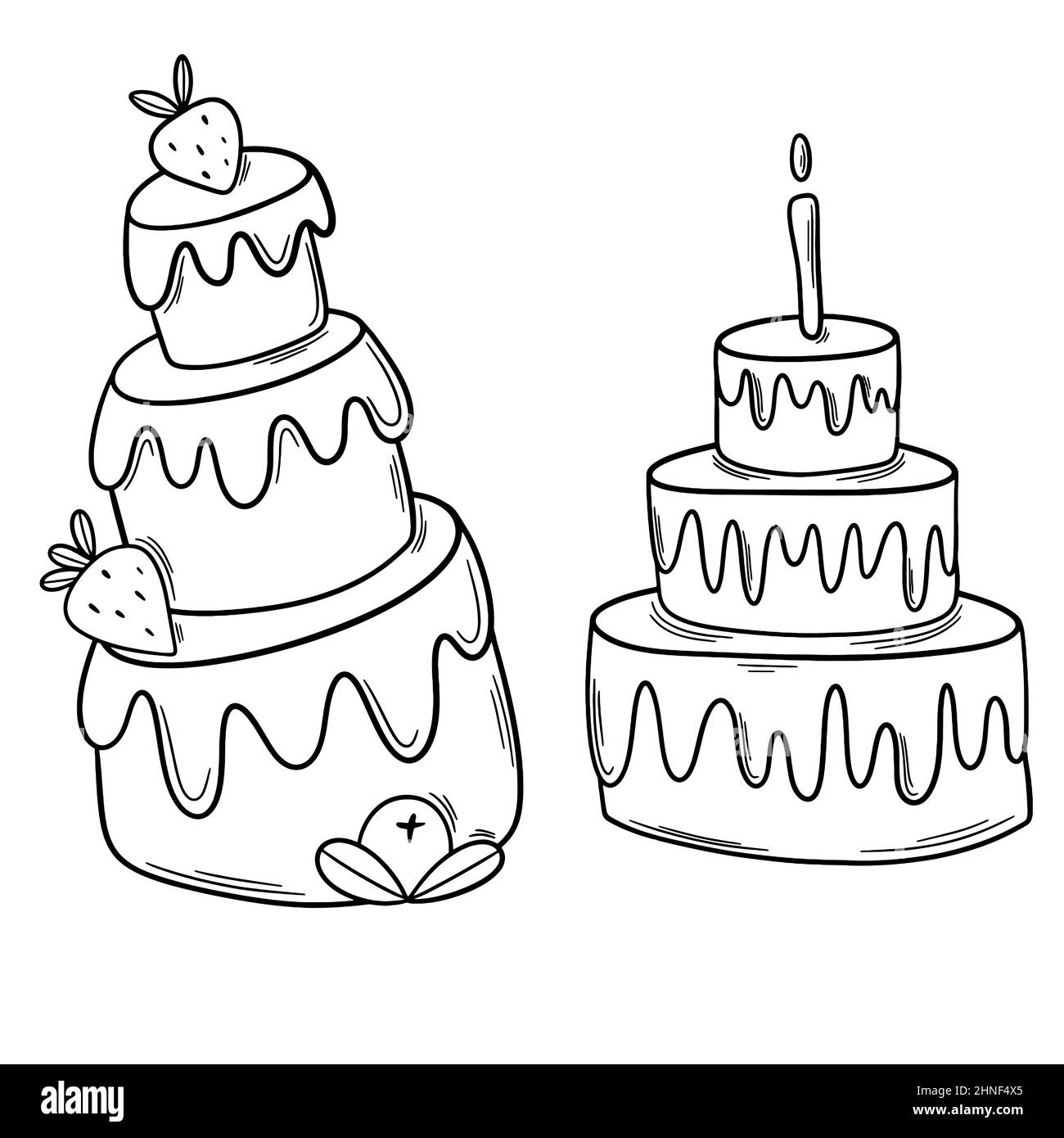 Alles gute zum Geburtstag Kuchen Doodle schwarz Umriss Set. Stock Vektor