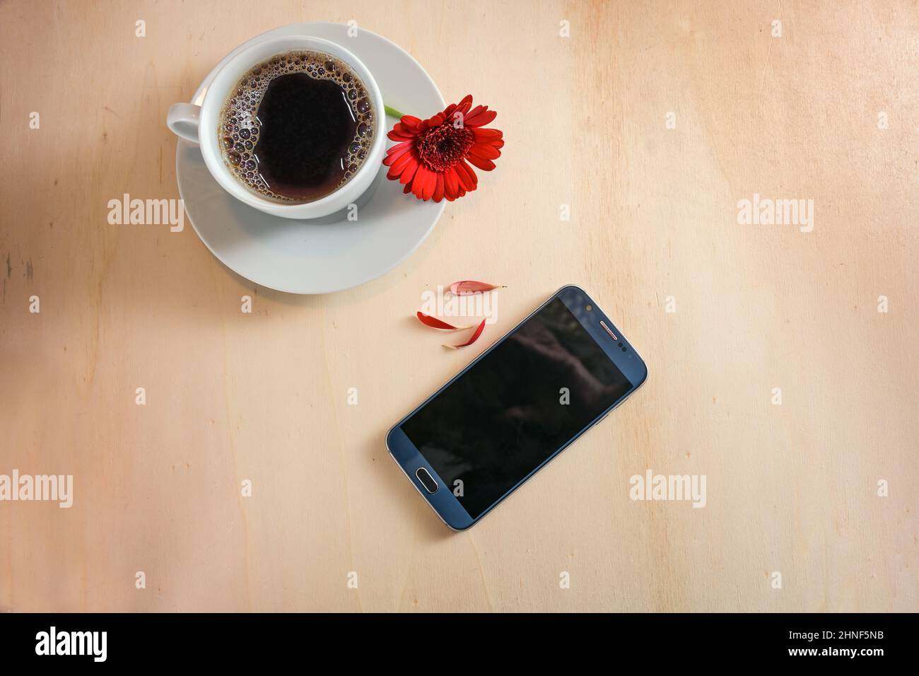 Handy, Kaffeetasse und eine rote Blume mit herausgerissenen Blütenblättern als ja oder nein orakel, Liebe und Dating-Anruf-Konzept, hellen Holzhintergrund, Kopierraum, h Stockfoto
