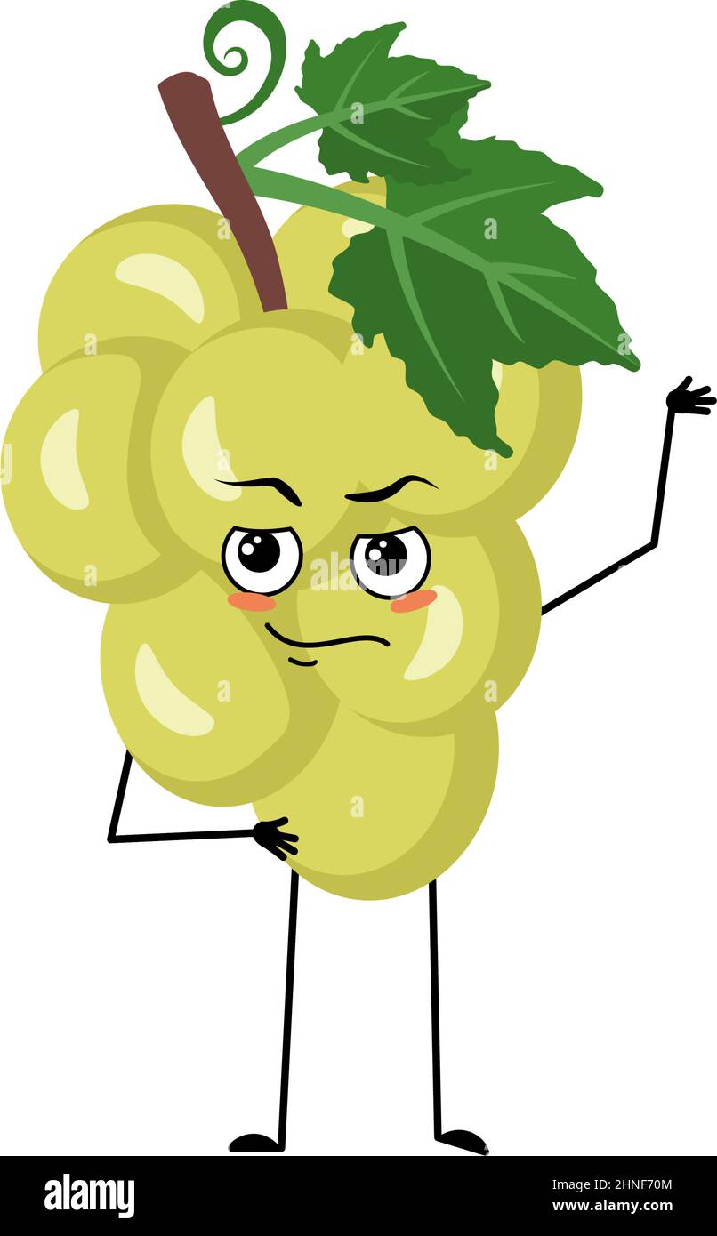 Traubencharakter mit Emotionen des Helden, mutiges Gesicht, Arme und Bein. Person mit Mut Ausdruck, Beere emoticon. Vektorgrafik flach Stock Vektor