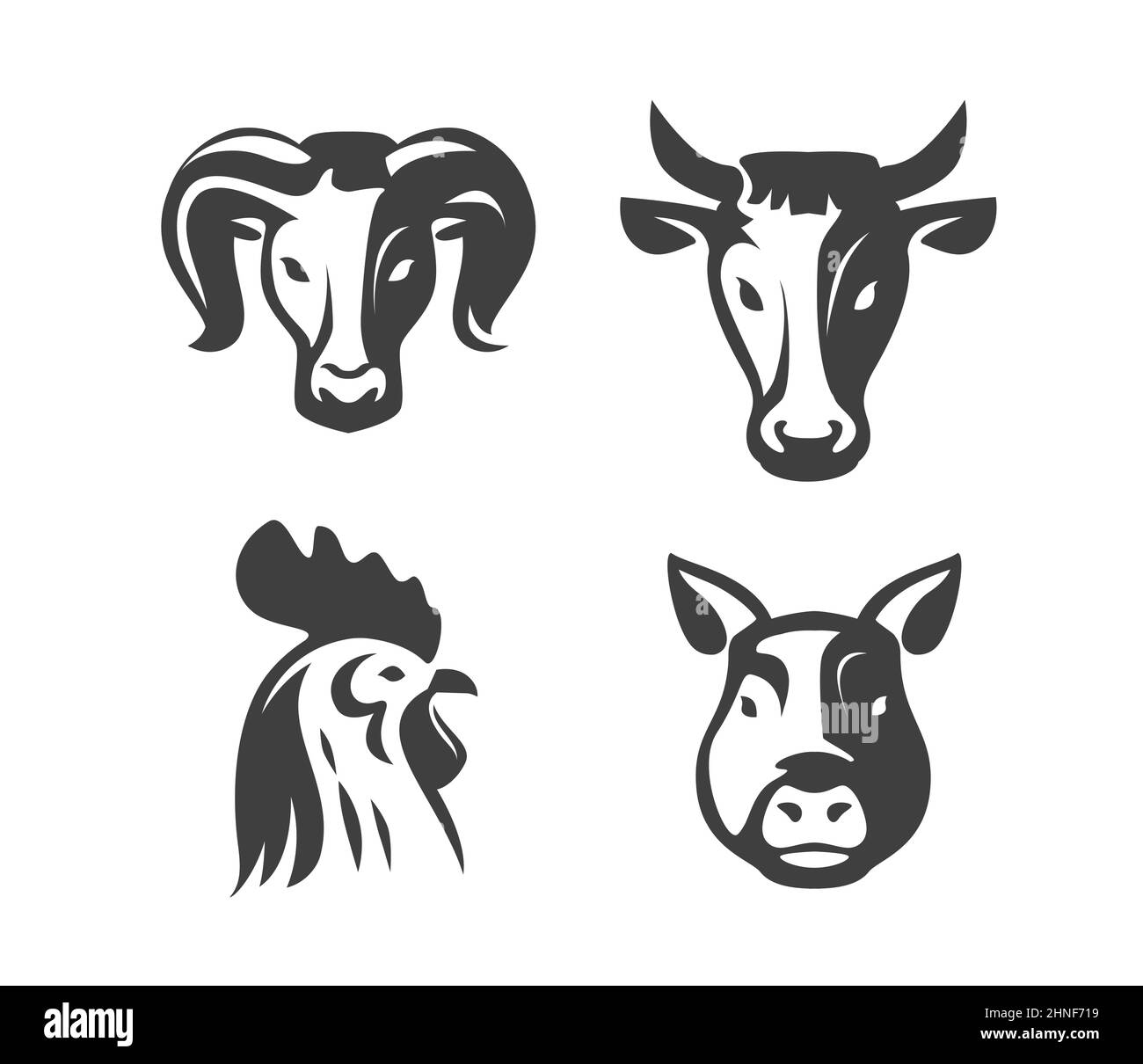 Bauernhof Tiere Embleme Set. Kuh, Schwein, Huhn, Widder-Symbol für Metzgerei-Design oder Restaurant-Menü Stock Vektor