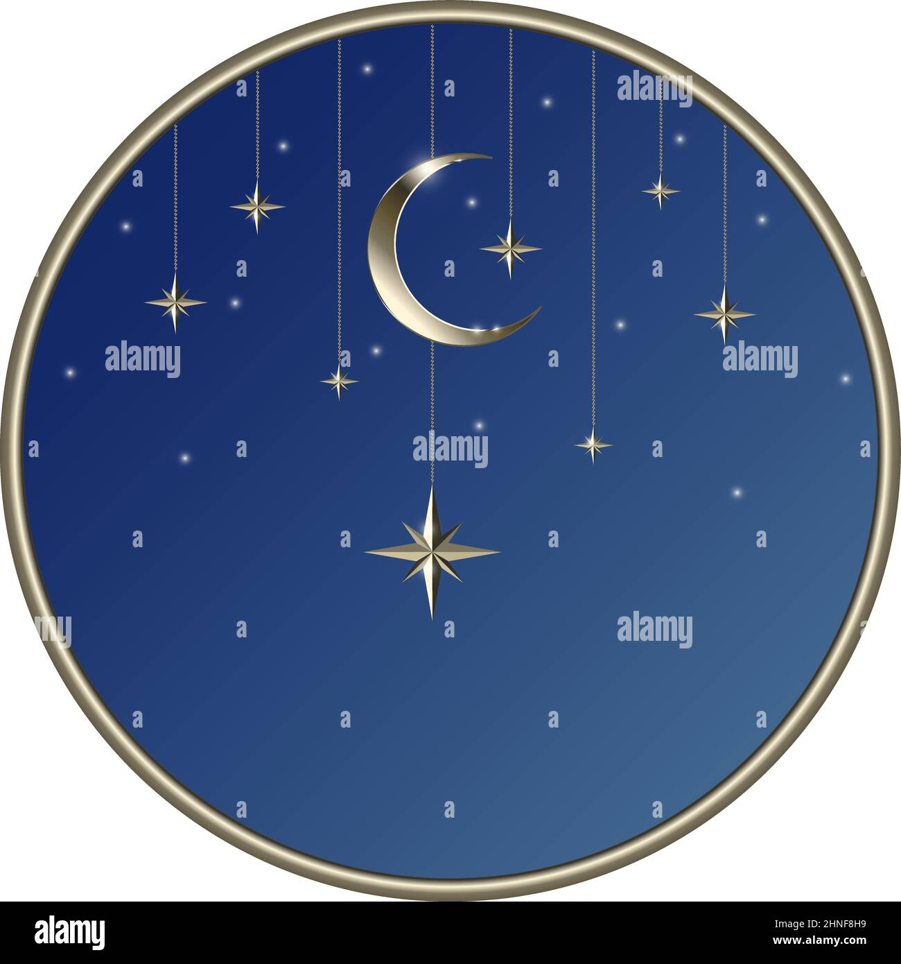 Goldener Mond und Sterne hängen an den Ketten in runder Form mit blauem Hintergrund. Stock Vektor