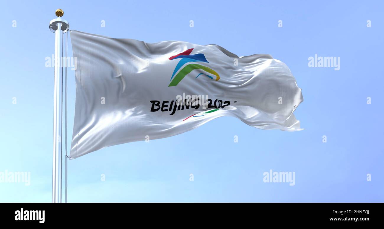 Peking, CHN, 2022. Januar: Die paralympischen Winterspiele 2022 in Peking winken im Wind. Die Winter-paralympischen Spiele 2022 in Peking sollen stattfinden Stockfoto