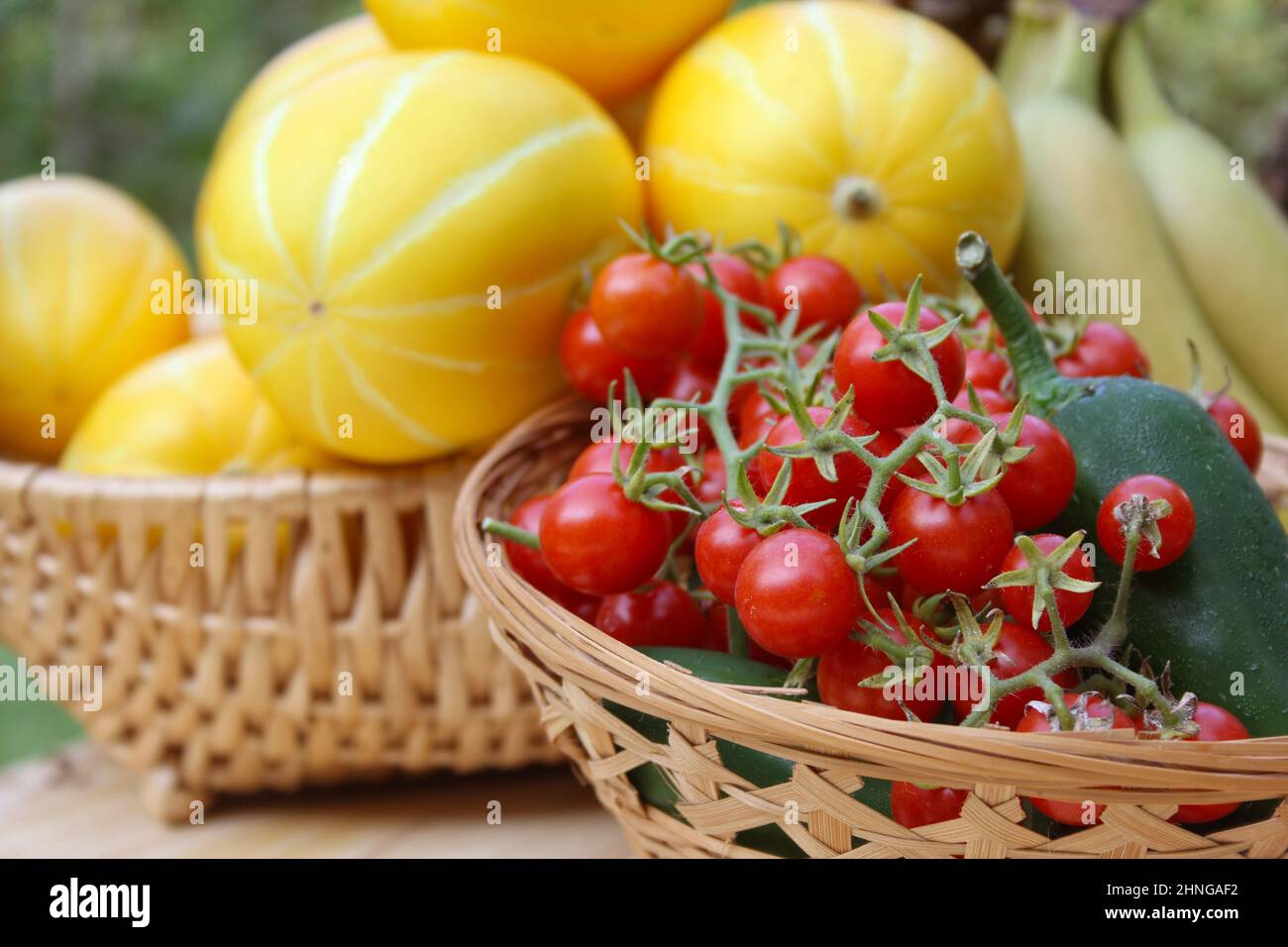 Sommer-Gemüseernte - Ginkaku koreanische Melonen mit Jalapeno-Paprika und Tomaten Stockfoto