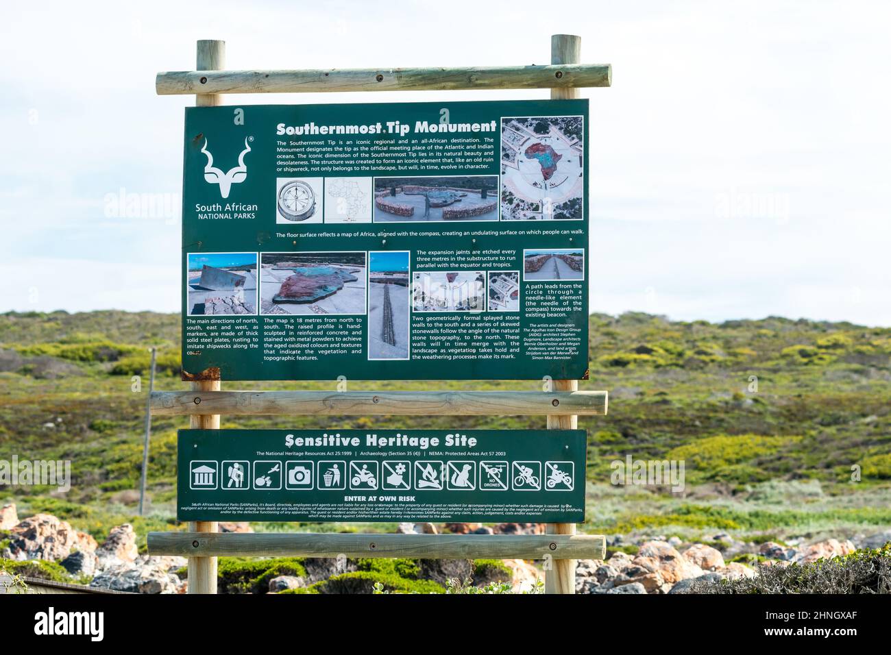 Pädagogische Informationstafel für den Tourismus am Cape Agulhas, Western Cape, Südafrika Konzept Reise zur südlichsten Spitze von Afrika Stockfoto