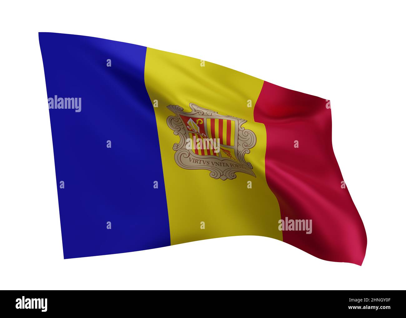 3D Illustration Flagge von Andorra. Andorranische Flagge mit hoher Auflösung, isoliert vor weißem Hintergrund. 3D Rendern Stockfoto