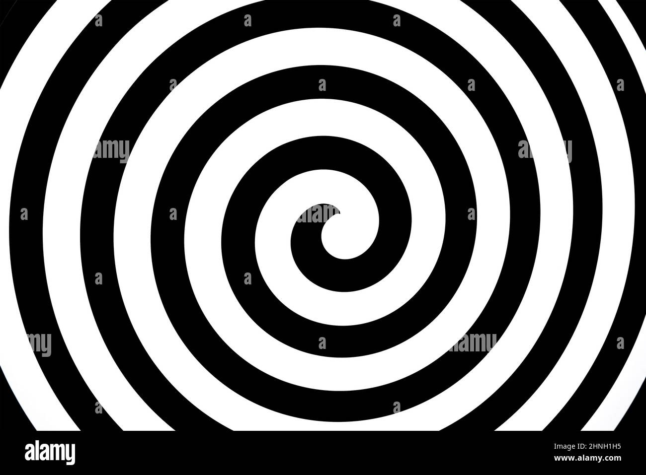 Schwarze und weiße optische Spiralillusion, Swirl-Effekt, Spiralwirbel für hypnotische Wirkung Stockfoto
