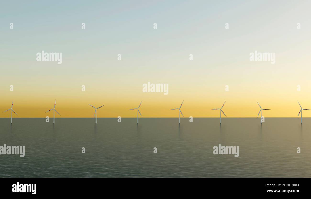 Offshore-Windenergieanlagen. Windkraft-Generator. Ein rotierender Propeller. Natürliche Energie. Windmühle eco. 3D Rendern Stockfoto