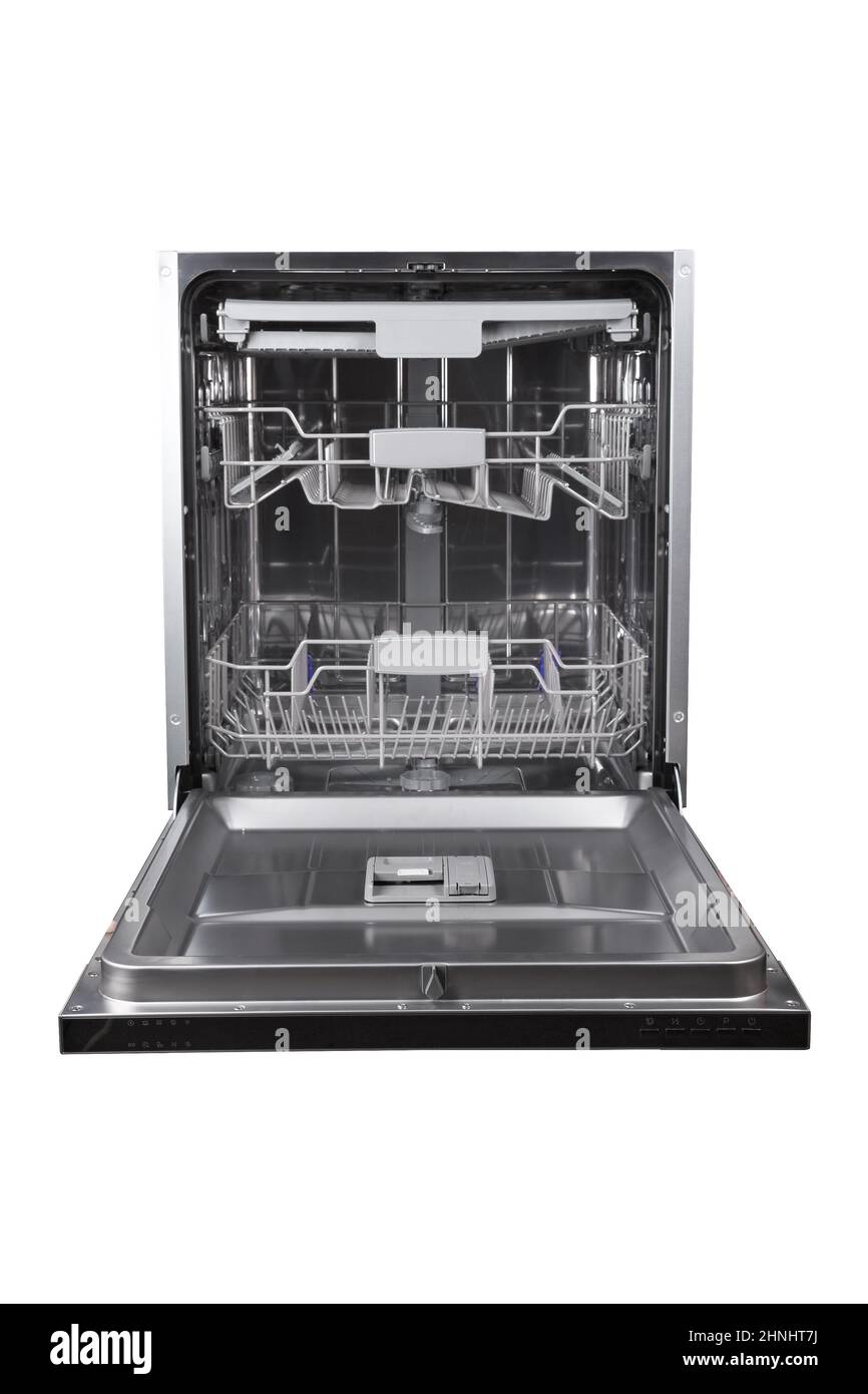 Moderne offene Spülmaschine mit metallglänzenden Elementen auf weißem Hintergrund isoliert Stockfoto