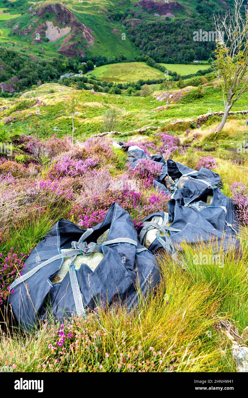 Abgesetzt Taschen mit Steinen für die Pflasterung eines Wanderweges auf Mynydd Sygyn, Beddgelert, Snowdonia, Wales, Großbritannien Stockfoto