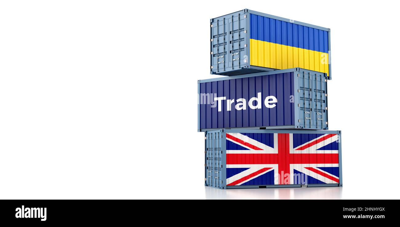 Frachtcontainer mit Nationalflaggen von Großbritannien und der Ukraine. 3D Rendering Stockfoto
