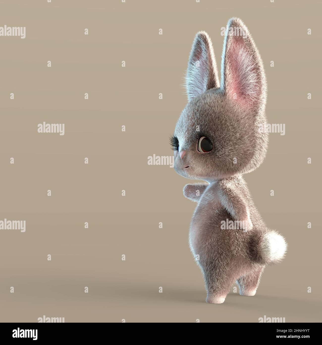 3D-Illustration eines vereinzelten Fantasy-Hasen mit witzigem Zeigen Stockfoto