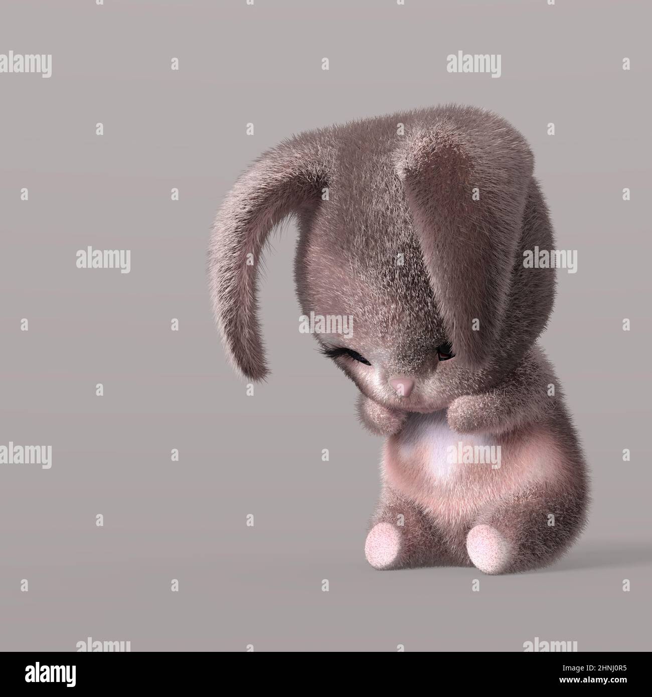 3D-Illustration eines isolierten Fantasy-Hasen, der sich entschuldigt Stockfoto