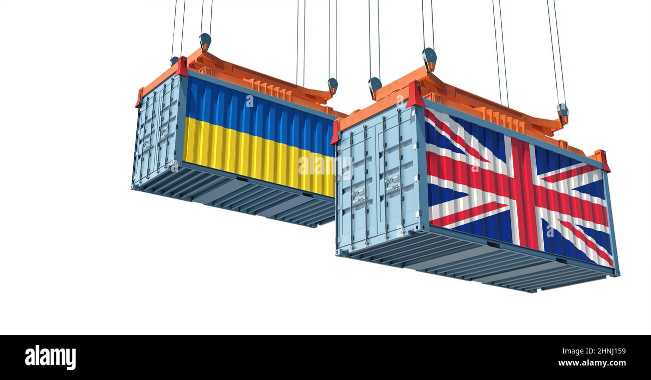 Frachtcontainer mit Nationalflaggen von Großbritannien und der Ukraine. 3D Rendering Stockfoto