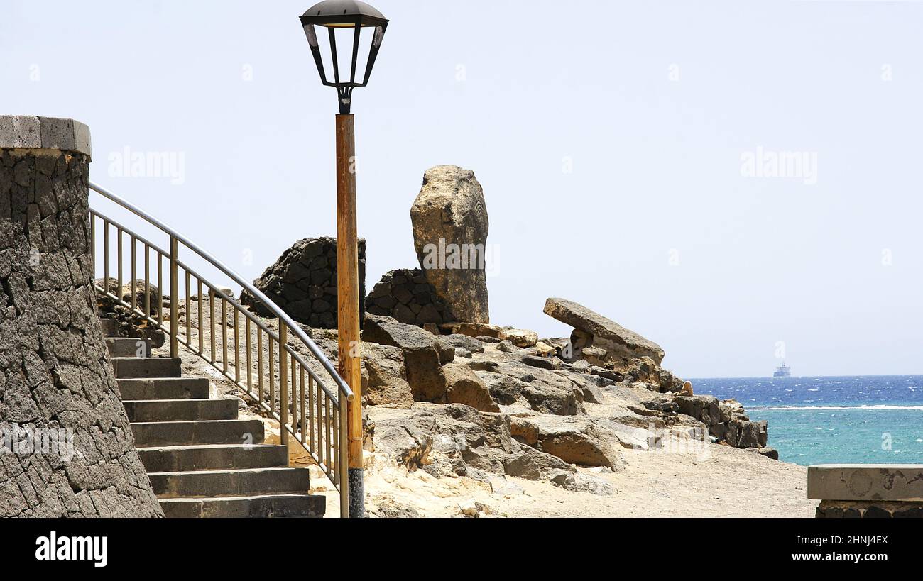 Wand mit Treppe in Castillo de San Gabriel, Arrecife, Lanzarote, Kanarische Inseln, Spanien, Europa Stockfoto