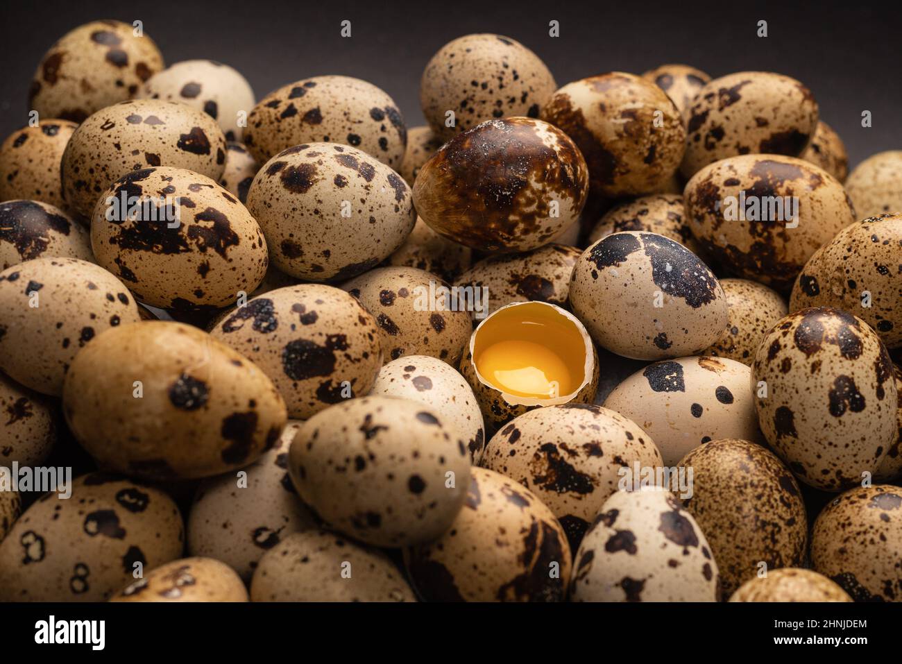 Gruppe Wachteleier als Hintergrund. Rohe Eier. Stockfoto