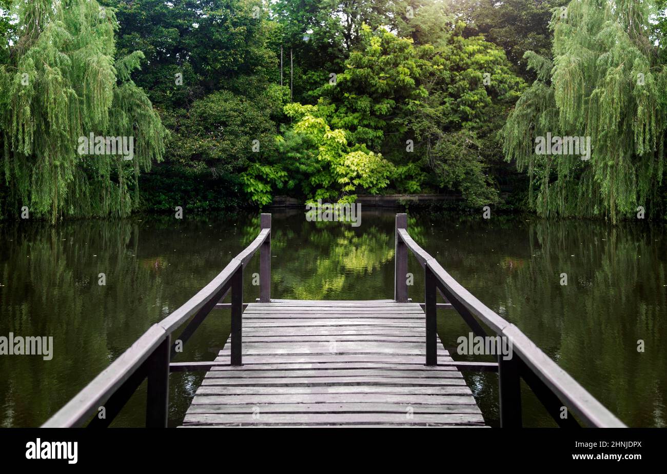 Schöne grüne Landschaft mit alten Holzbrücke auf Wasserteich Stockfoto