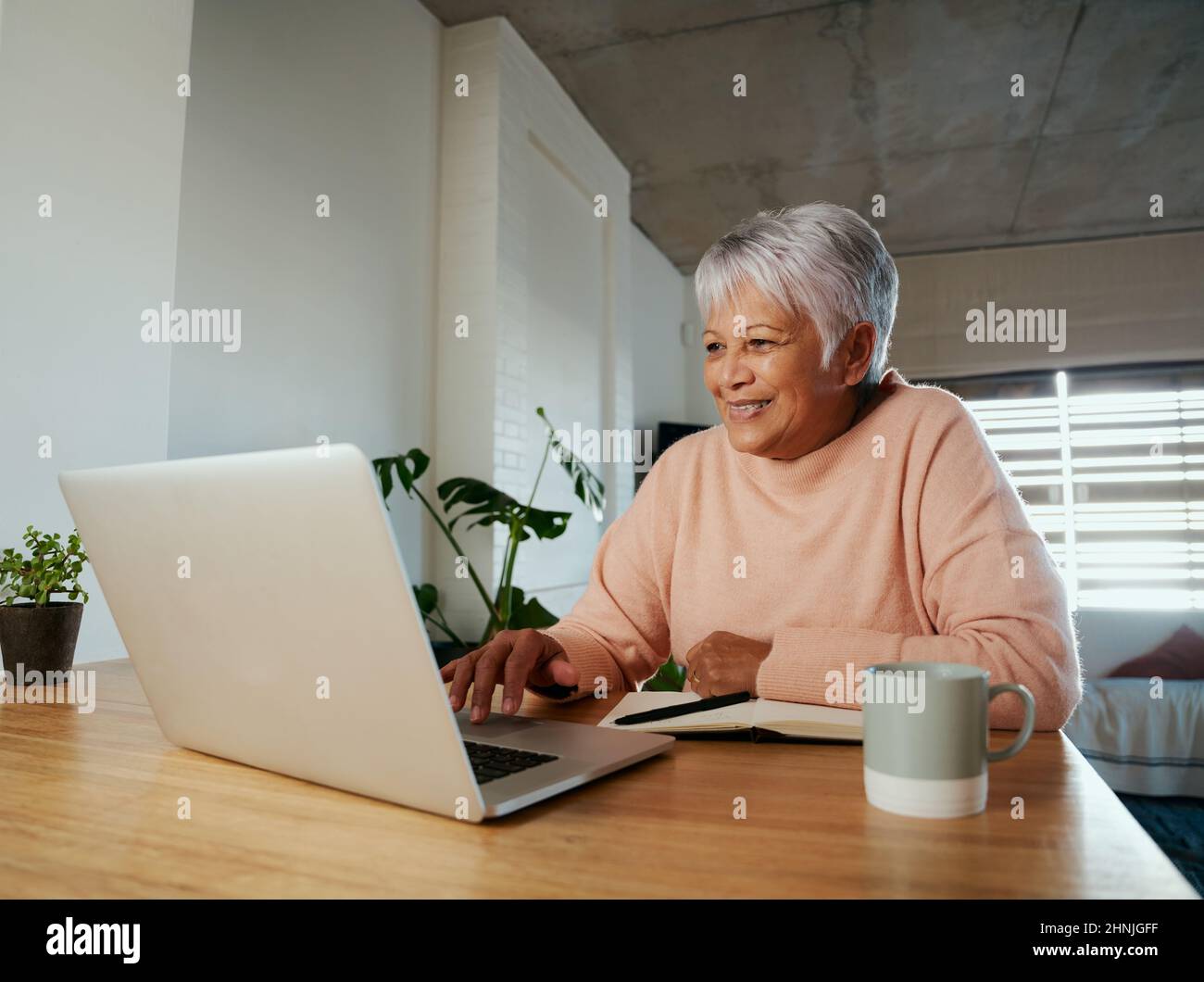 Ältere, multiethnische Frau lächelt, während sie in ihrem modernen Zuhause auf ihrem Laptop scrollt. Stockfoto