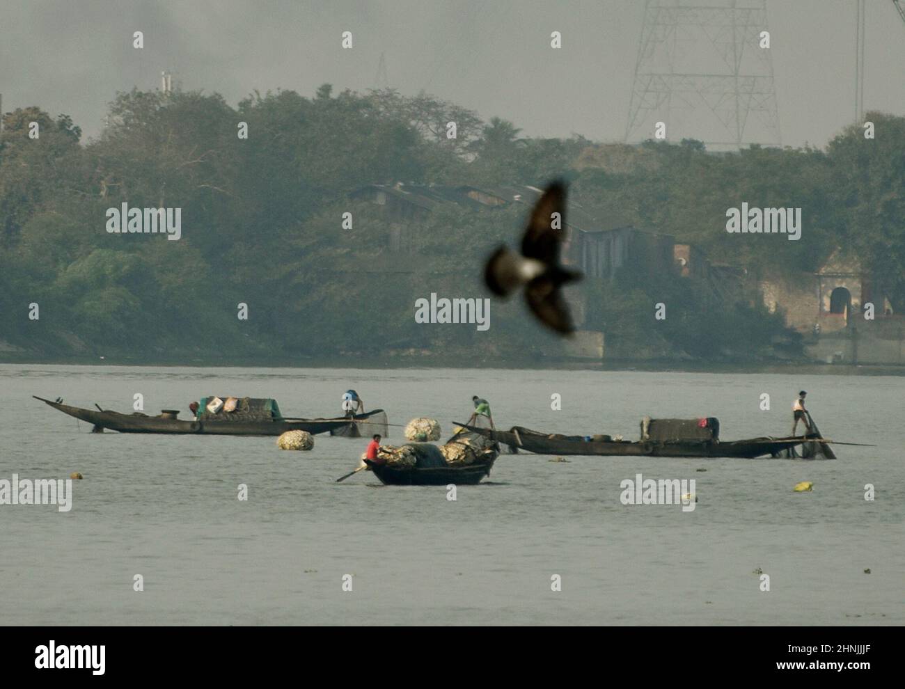 Kalkutta, Westbengalen, Indien. 17th. Februar 2022. Fischer mit Booten fangen Fische aus dem Fluss Ganga in Kalkutta, Indien, 17. Februar 2022. (Bild: © Indranil Aditya/ZUMA Press Wire) Stockfoto