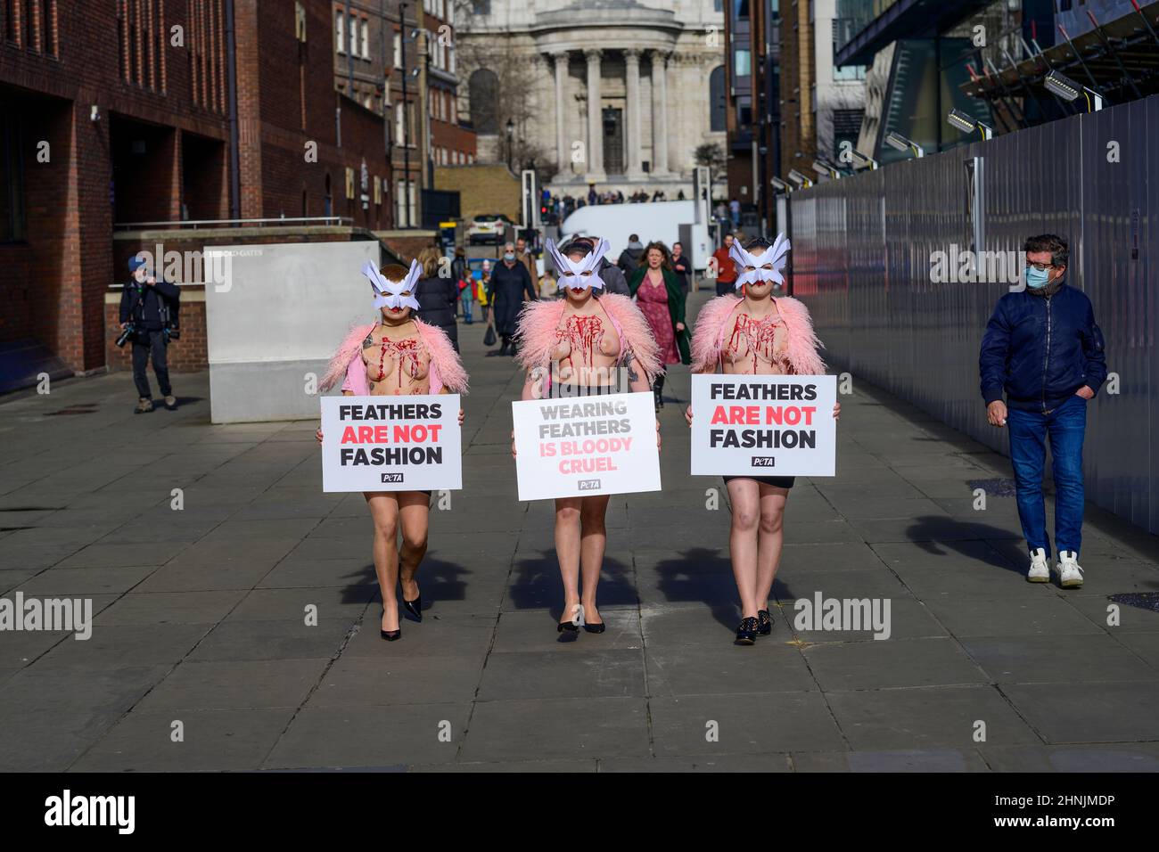 Millennium Bridge, London, Großbritannien. 17. Februar 2022. Um gegen den Einsatz von Federn bei der London Fashion Week zu protestieren, macht eine Schar von PETA-Anhängern am Donnerstag, dem 17th. Februar, die Millennium Bridge zu ihrem Laufsteg. Mit Vogelmasken und freigelegten „blutigen und gerupften“ Truhen heben sie die Notlage von Vögeln hervor, deren Federn für Modebekleidung und Accessoires herausgerissen werden. „Gefieder gehört sanften Vögeln, und die Menschen haben kein Recht, es ihnen von der Handvoll zu reißen“, sagt PETA-Direktorin Elisa Allen. „PETA fordert alle auf, mit fabelhaften veganen Textilien ein modisches Statement auf die freundliche Art und Weise zu machen.“ Kredit: Malcolm Park/A Stockfoto