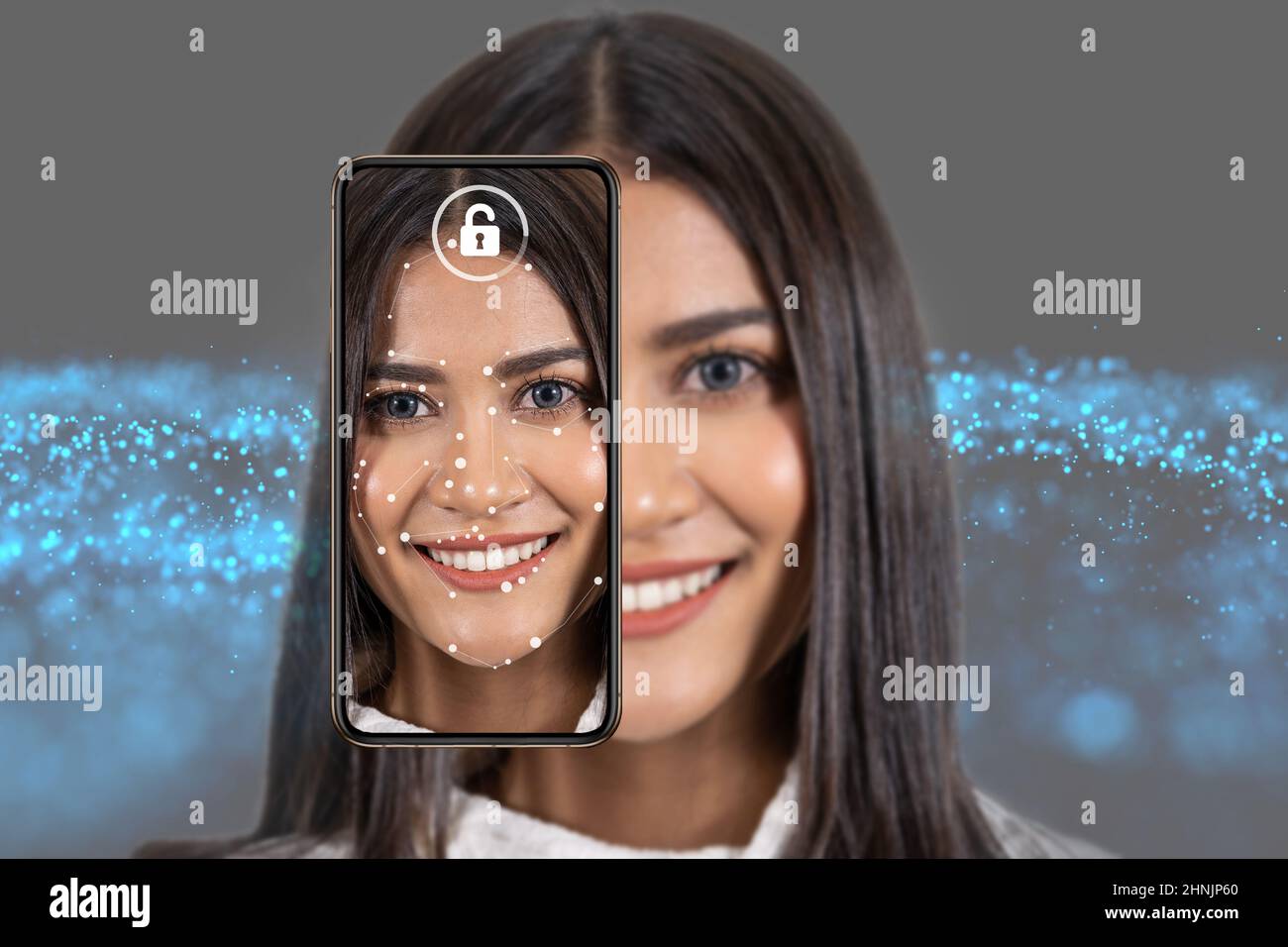 Asiatische Frau Gesichtserkennung und Erkennung durch Smart-Handy für die Entsperrung über den Technologie-Hintergrund, biometrische Verifikation, Computer Vision A Stockfoto