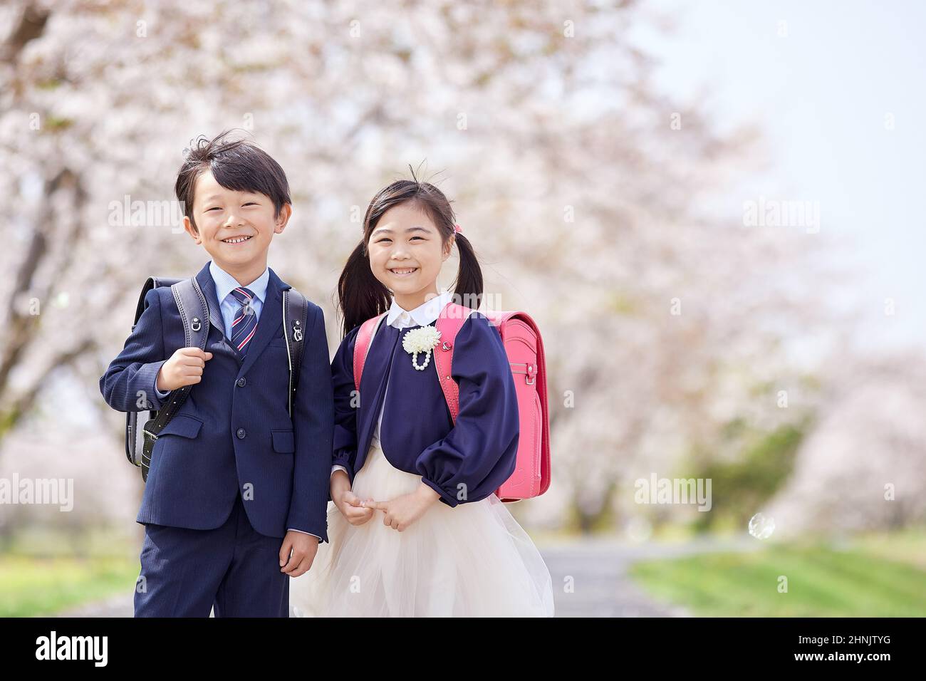 Schüler Der Japanischen Grundschule Mit Unter Den Kirschblüten Stockfoto