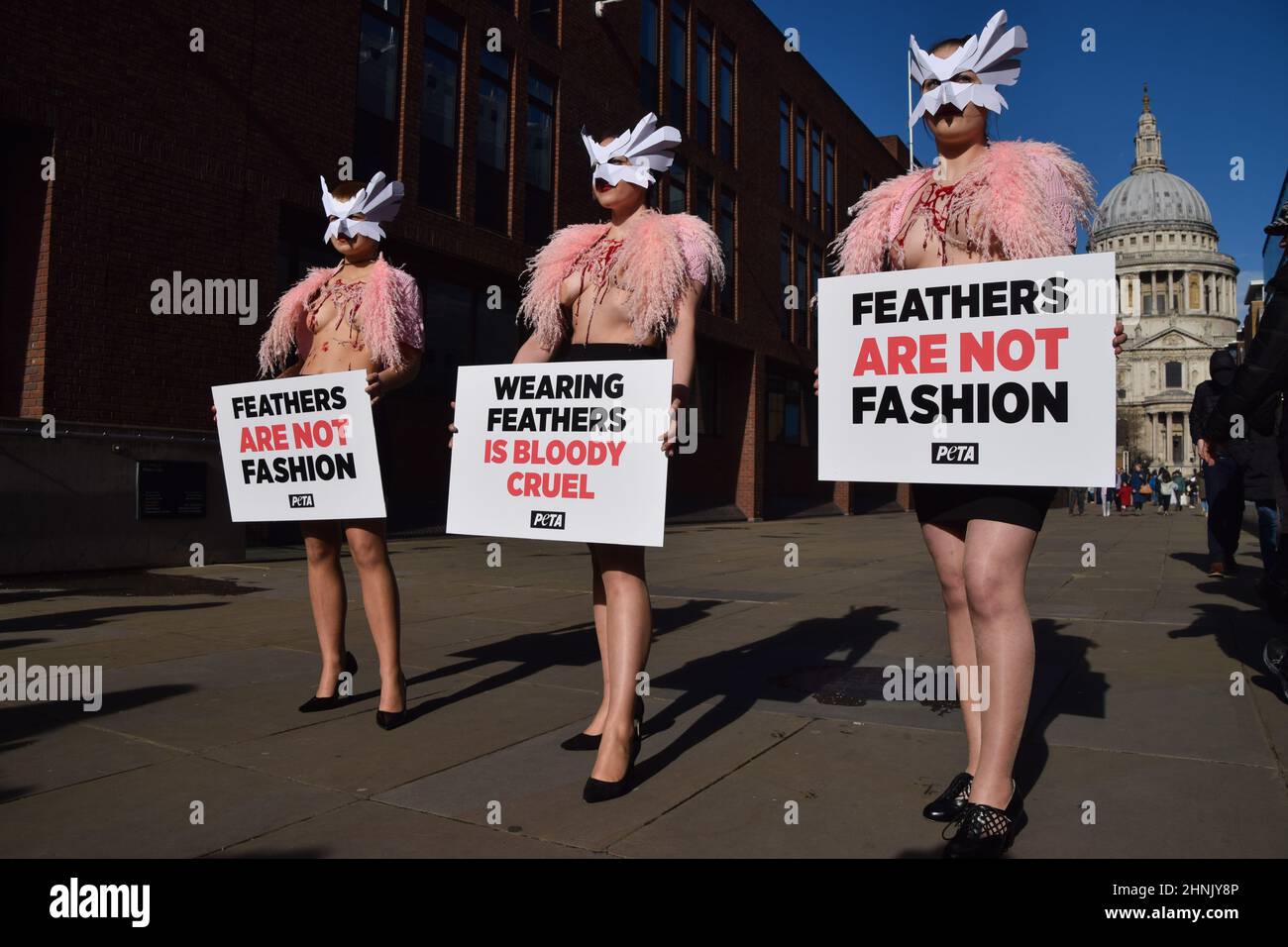 London, Großbritannien. 17th. Februar 2022. PETA-Aktivisten mit Vogelmasken und freigelegten „blutigen und gerupften“ Truhen inszenierten auf der Millennium Bridge einen „Laufsteg“, um gegen den Einsatz von Vogelfedern in Kleidungsstücken und Accessoires auf der London Fashion Week zu protestieren. Kredit: Vuk Valcic/Alamy Live Nachrichten Stockfoto