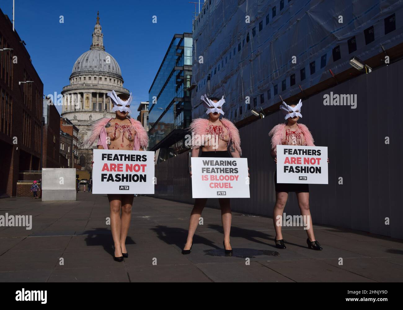 London, Großbritannien. 17th. Februar 2022. PETA-Aktivisten mit Vogelmasken und freigelegten „blutigen und gerupften“ Truhen inszenierten auf der Millennium Bridge einen „Laufsteg“, um gegen den Einsatz von Vogelfedern in Kleidungsstücken und Accessoires auf der London Fashion Week zu protestieren. Kredit: Vuk Valcic/Alamy Live Nachrichten Stockfoto