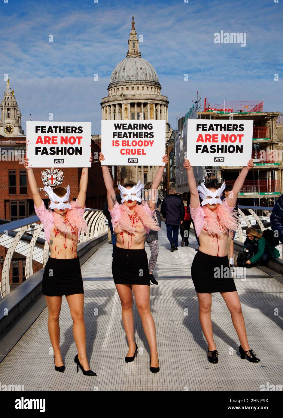 London, Großbritannien. 17th. Februar 2022. PETA protestiert gegen den Einsatz von Federn in der Modeindustrie. Um gegen den Einsatz von Federn bei der London Fashion Week zu protestieren, verwandelt eine Schar von PETA-Anhängern die Millennium Bridge in ihren Laufsteg. Mit gerupften Truhen heben sie die Notlage von Vögeln hervor, deren Federn für Modebekleidung und Accessoires herausgerissen werden. PETA protestiert gegen den Einsatz von Federn in der Mode Credit: Mark Thomas/Alamy Live News Stockfoto