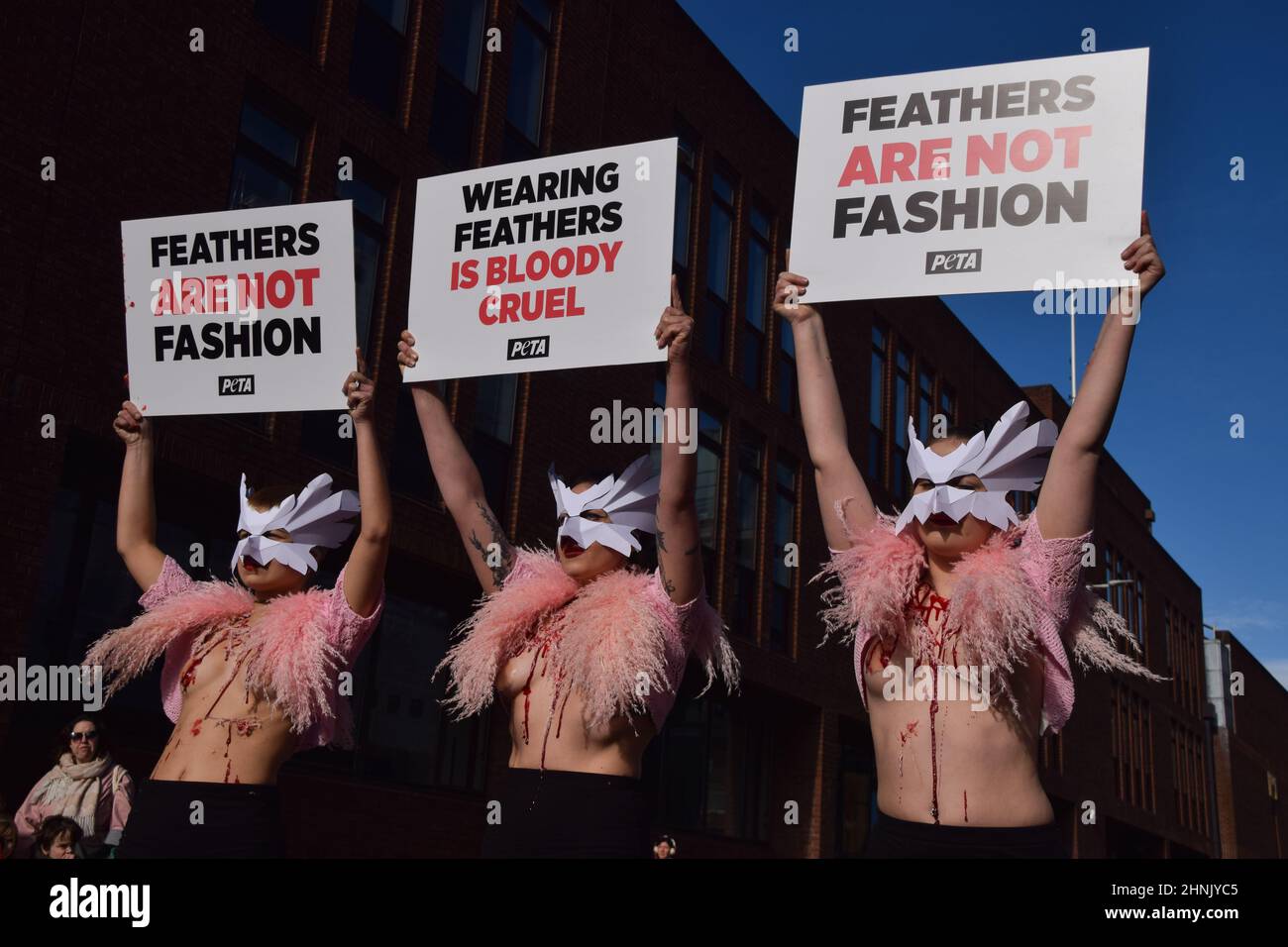 London, Großbritannien. 17th. Februar 2022. PETA-Aktivisten mit Vogelmasken und freigelegten „blutigen und gerupften“ Truhen inszenierten auf der Millennium Bridge einen „Laufsteg“, um gegen den Einsatz von Vogelfedern in Kleidungsstücken und Accessoires auf der London Fashion Week zu protestieren. Kredit: Vuk Valcic/Alamy Live Nachrichten Stockfoto