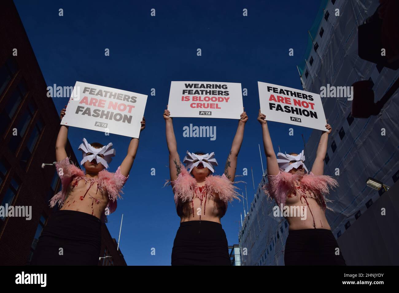 London, Großbritannien. 17th. Februar 2022. PETA-Aktivisten mit Vogelmasken und freigelegten „blutigen und gerupften“ Truhen inszenierten auf der Millennium Bridge einen „Laufsteg“, um gegen den Einsatz von Vogelfedern in Kleidungsstücken und Accessoires auf der London Fashion Week zu protestieren. Kredit: Vuk Valcic/Alamy Live Nachrichten Stockfoto