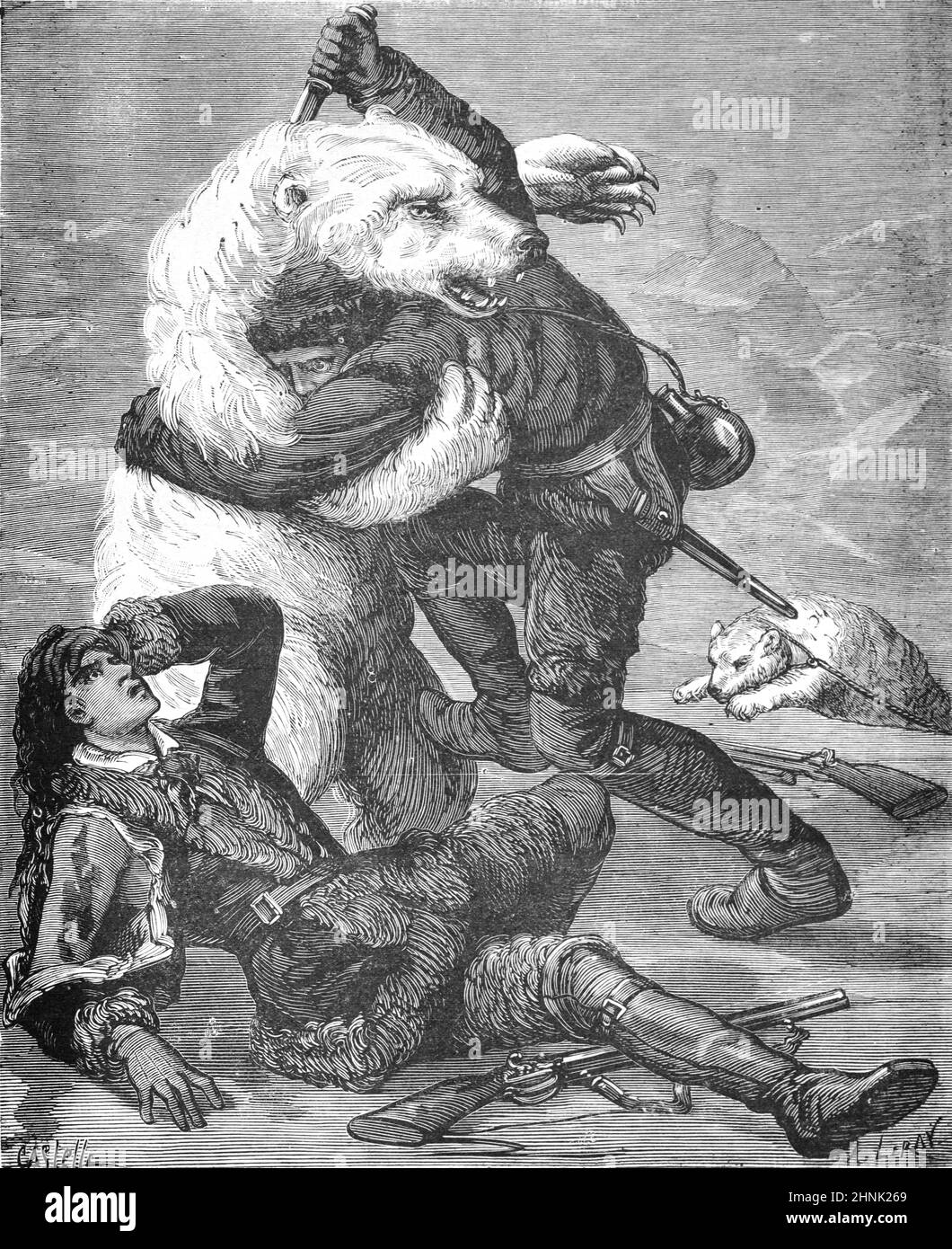 Eisbären, Ursus maritimus, greifen frühe arktische Forscher in der arktischen Region an. Vintage Illustration oder Engraving1878 (Castelli) Stockfoto