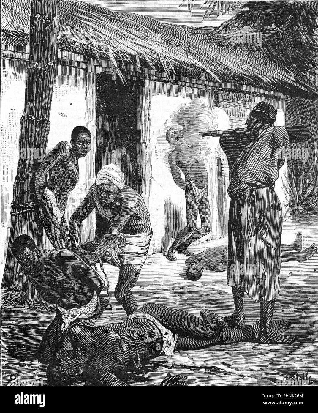 Arabische Sklavenhändler: Im Africa Village werden Sklaven aufgefordet oder gefangen und jeder Widersänger Afrikas wird erschießt. Vintage Illustration oder Gravur 1878 (Castelli) Stockfoto