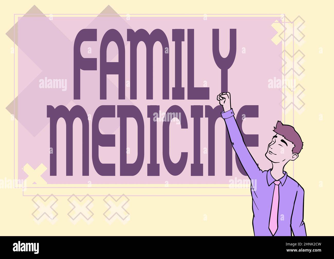 Handschriftzeichen Familienmedizin. Konzeptfoto entwickelt, um Familienmitgliedern eine grundlegende Gesundheitsversorgung zu bieten Happy man Illustration Standing Infront Board Heben der Hände für Sucess. Stockfoto