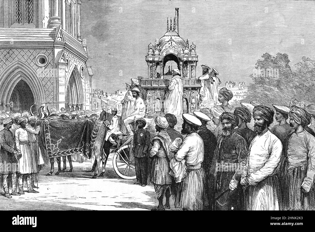 Prozession von Idol & Golden Carriage von Jains und Sikhs Delhi indien. Vintage Illustration oder Gravur 1878. Stockfoto