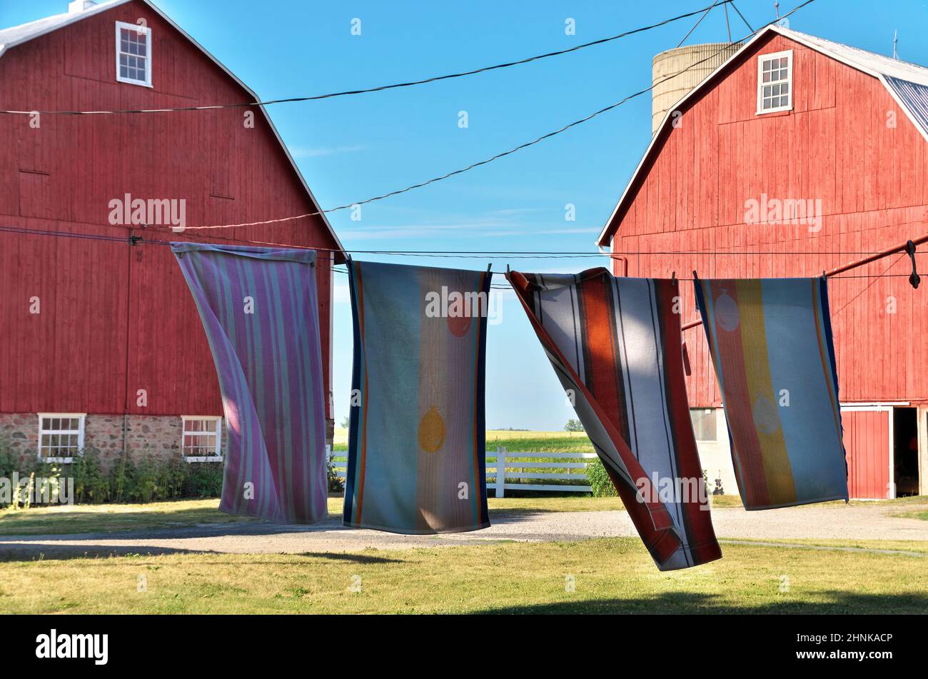 Handtücher Trocknen auf einer Wäscheleine auf einer ländlichen Farm in Ontario Stockfoto