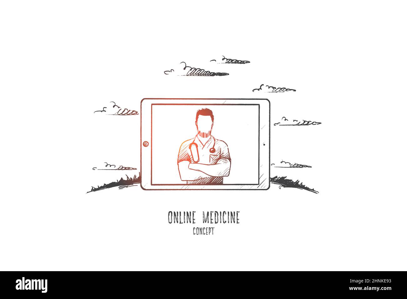Online Medizin Konzept. Von Hand gezeichneter isolierter Vektor. Stockfoto