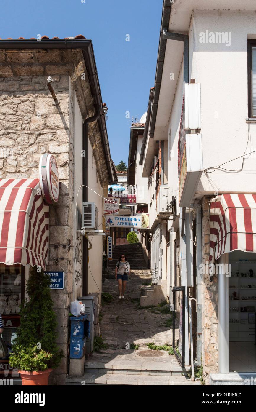 Kleine Straße in Ohrid, Mazedonien. Balkan, Osteuropa Stockfoto