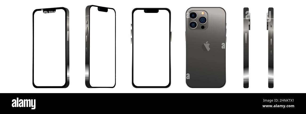 Schwarzes modernes Smartphone mobile iPhone 13 pro in 6 verschiedenen Winkeln auf weißem Hintergrund - Vector Stockfoto