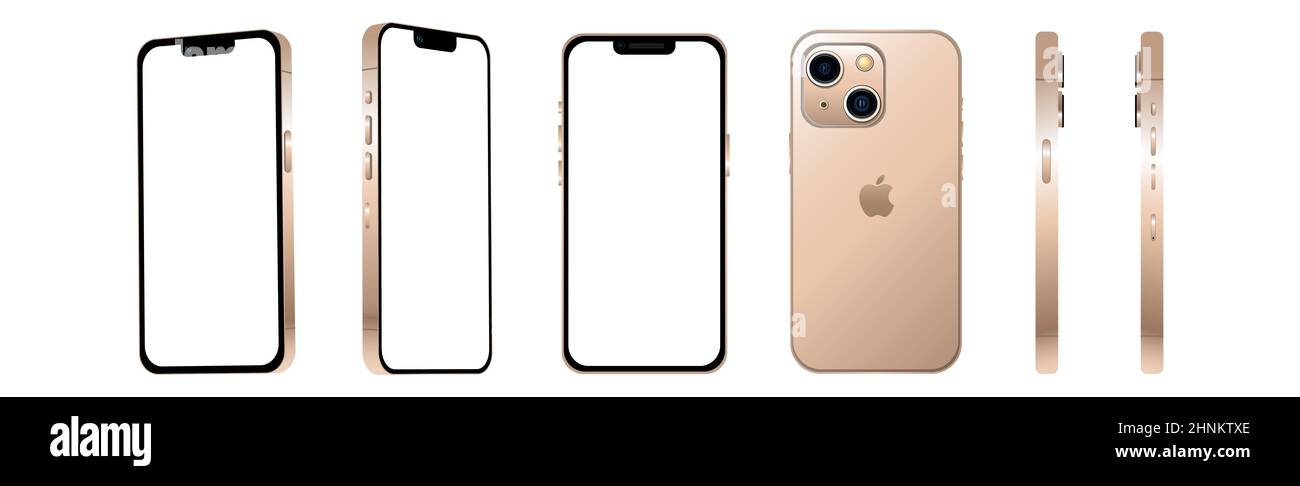 Golden modernes Smartphone mobile iPhone 13 MINI in 6 verschiedenen Winkeln auf weißem Hintergrund - Vector Stockfoto