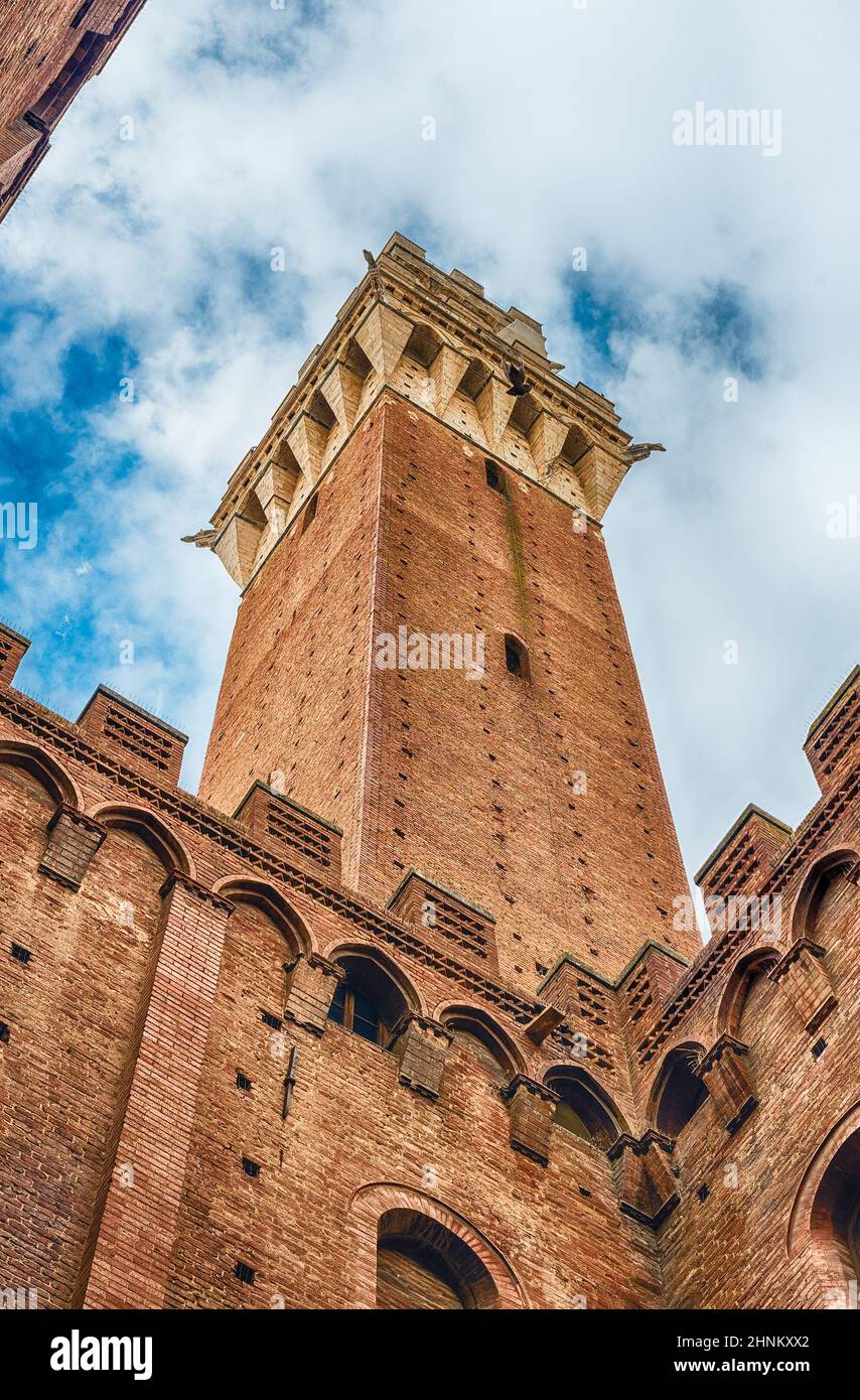 Blick auf den Torre del Mangia, das Wahrzeichen von Siena, Italien Stockfoto